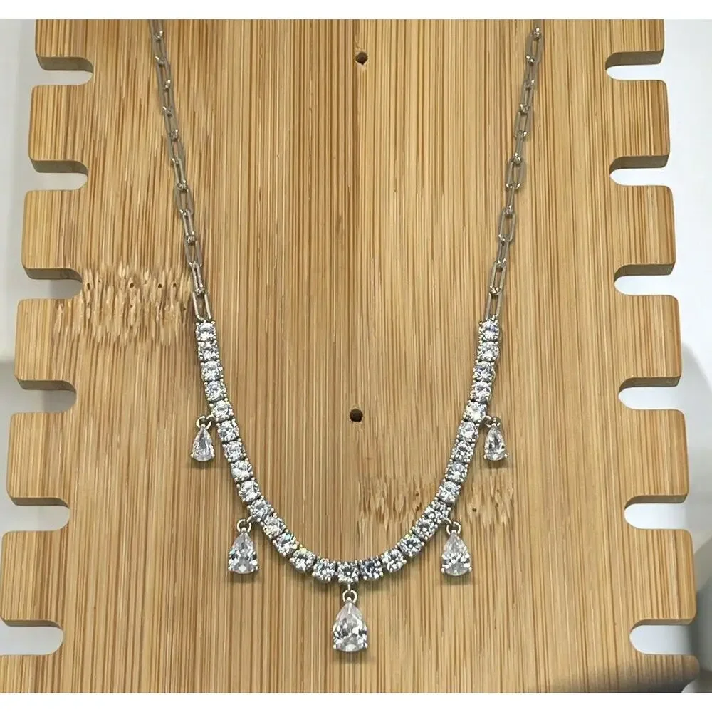 Sterling Silver Stunning CZ Drop Necklace Elegant Stylish Fashion Chic Glam NEW